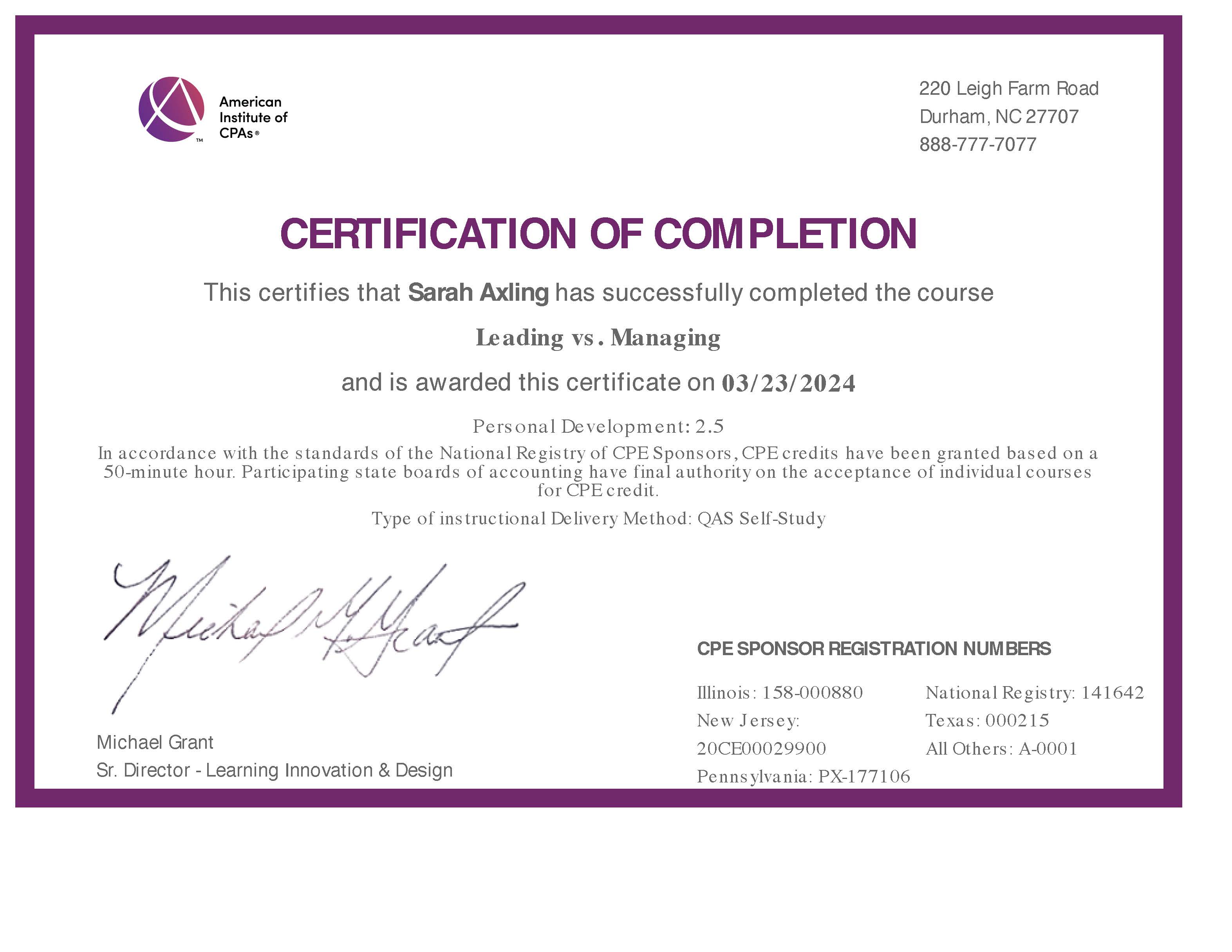 Leading Vs. Managing Certificate