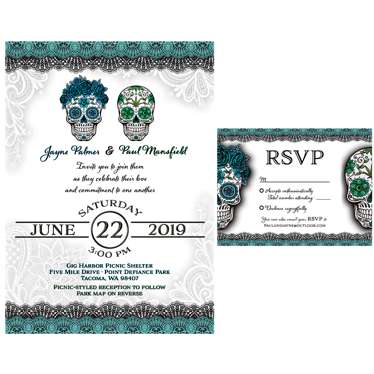 Image of wedding invitation and RSVP postcard